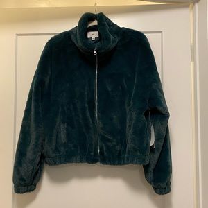Fur Bomber Jacket in dark turquoise green. Size Large.